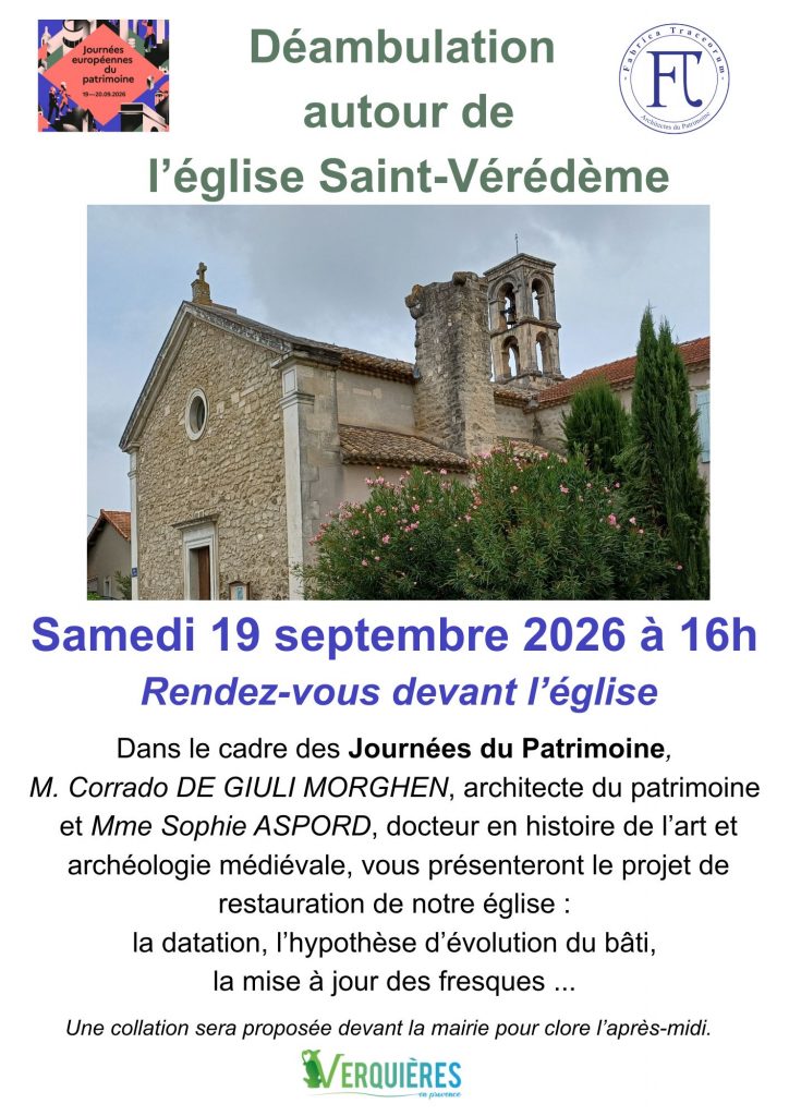 Dans le cadre des Journées du Patrimoine, M. Corrado DE GIULI MORGHEN, architecte du patrimoine et Mme Sophie ASPORD, docteur en histoire de l’art et archéologie médiévale, vous présenteront le projet de restauration de notre église : la datation, l’hypothèse d’évolution du bâti, la mise à jour des fresques ...